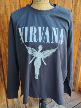 H&M Black Long Sleeve Nirvana Band Tee with White Graphic